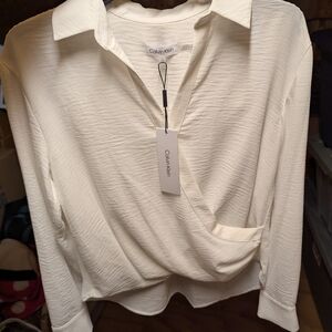 Calvin Klein White Ribbed Wrap Blouse